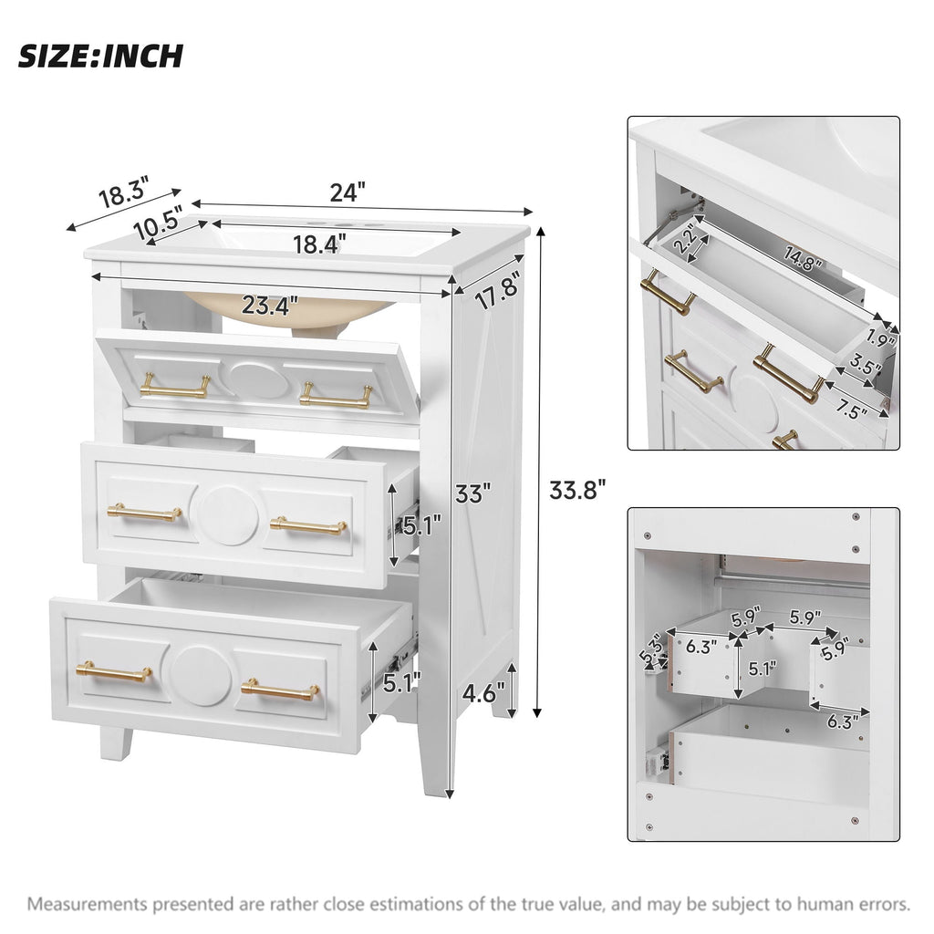 Bathroom Vanity With Sink, Free Standing Single Set, 3 Drawer Storage Cabinet