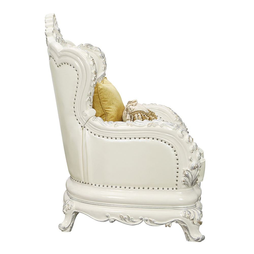 Adara - Chair With 2 Pillows - Pearl White Synthetic Leather & Antique White