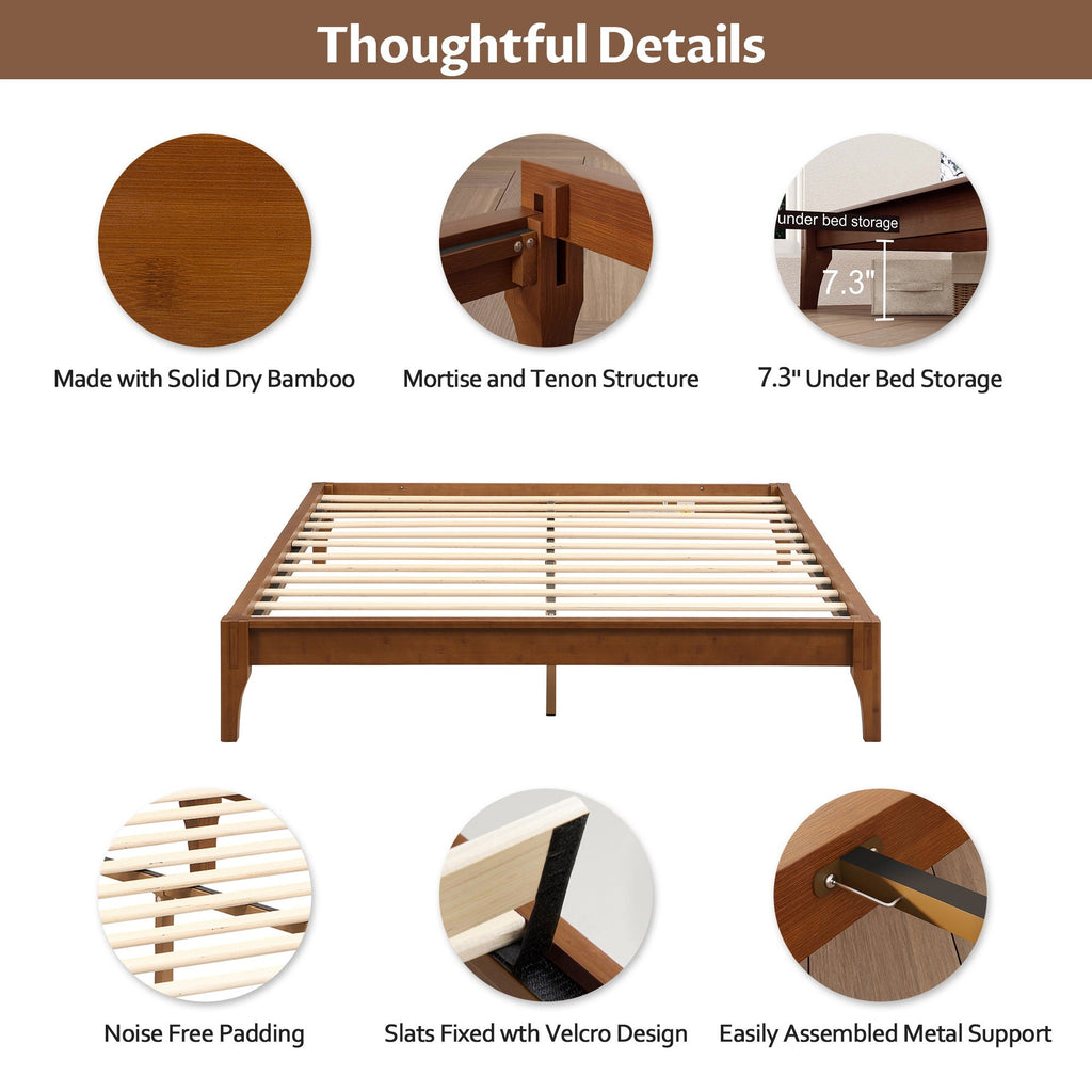 Solid Dry Bamboo Platform Bed Frame, With Slat Support