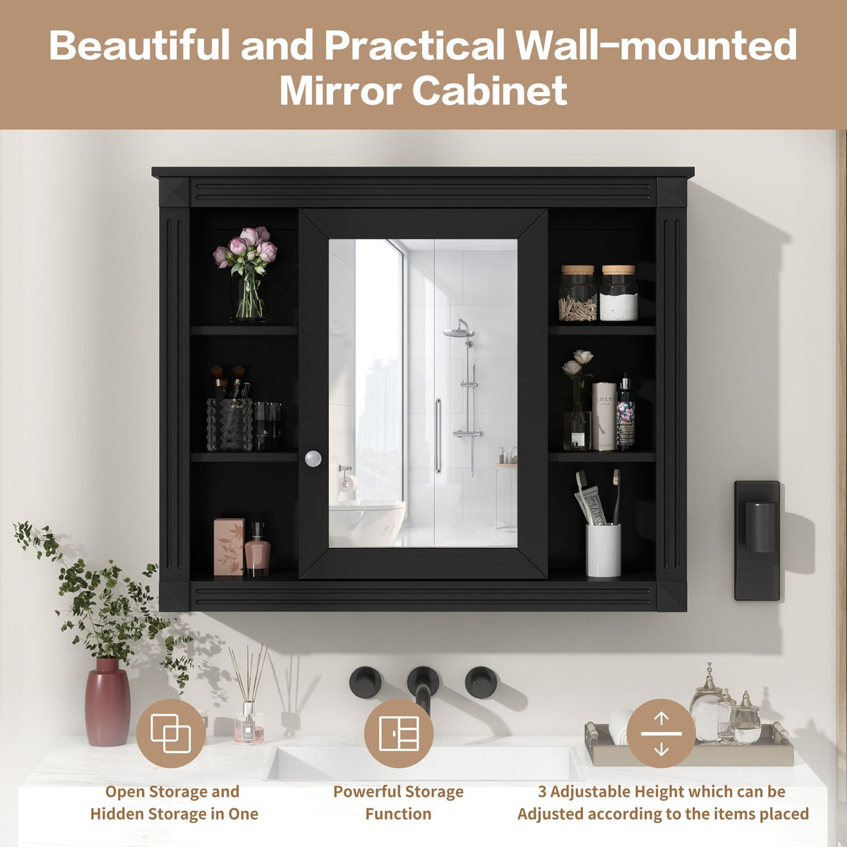 Wall-Mounted Bathroom Storage Cabinet With Mirror, 6 Open Shelves - Black