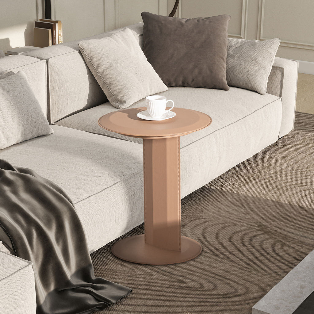 Mode - Leatherette Round C-Shaped Sofa Side Table - Saddle Brown