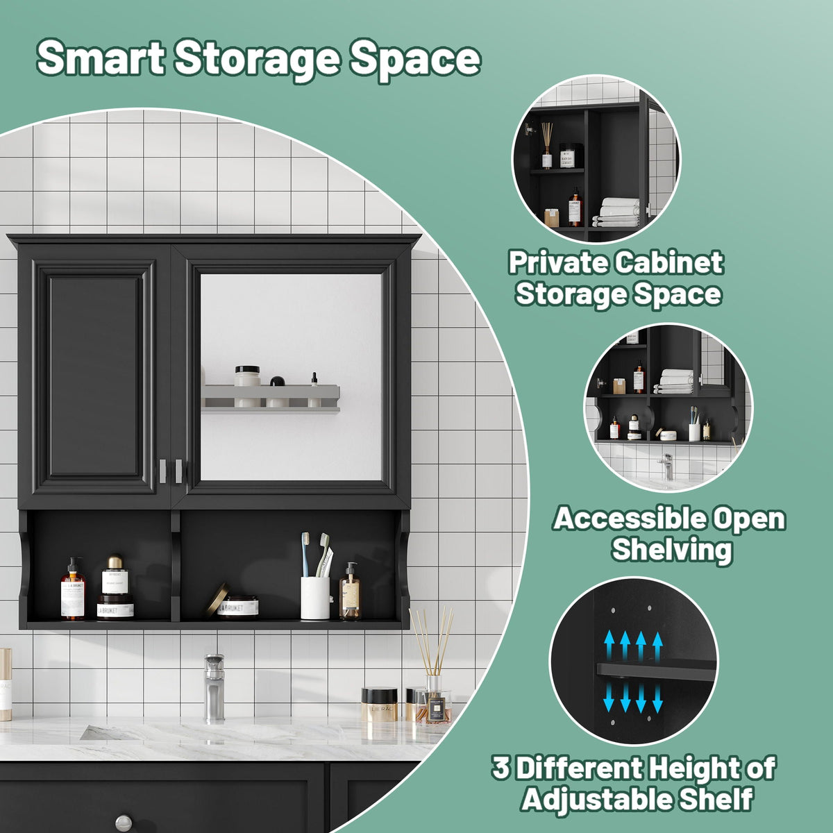 Wall Mounted Mirror Medicine Cabinet, Bathroom Storage With Doors And Open Shelves