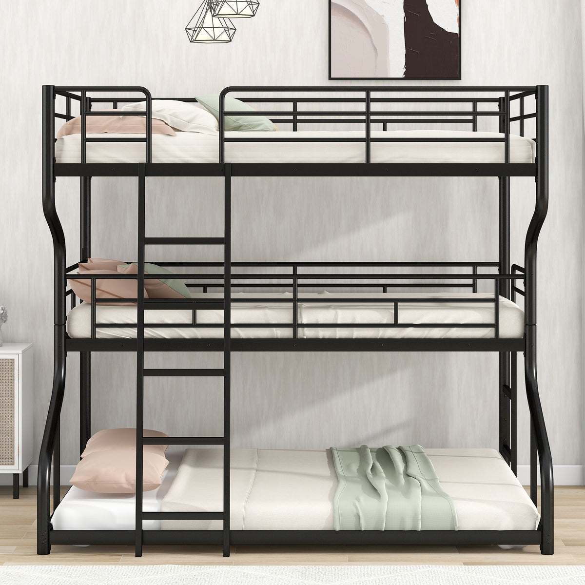 Industrial Triple Bunk Bed With Dual Ladders Frame, Space Saving Design