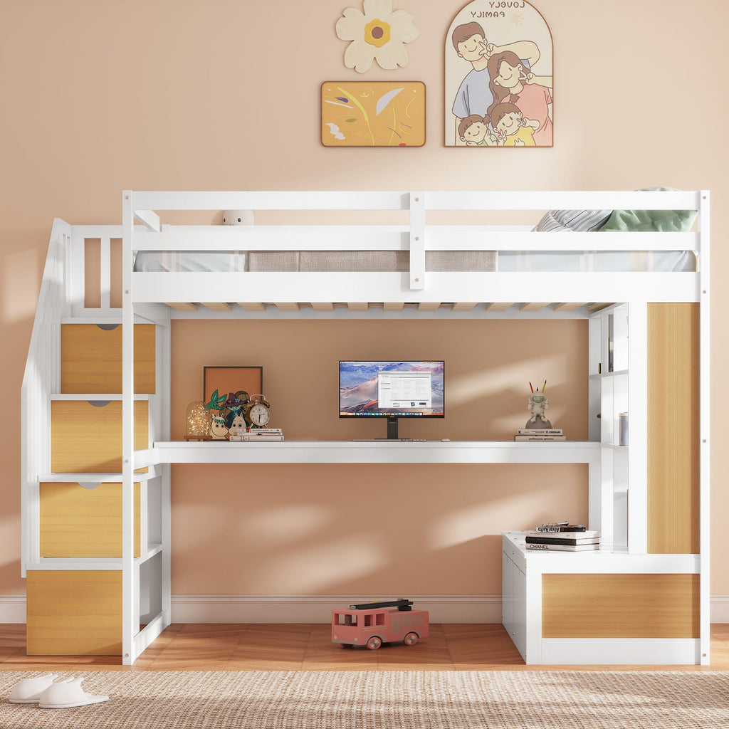 Full Size Loft Bed With Desk And Shelves, 2 Built In Drawers, Storage Staircase - Natural / White