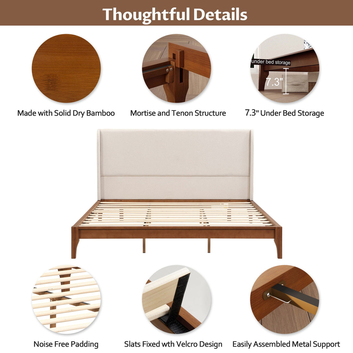 King Size Platform Bed With Upholstered High Headboard - Brown