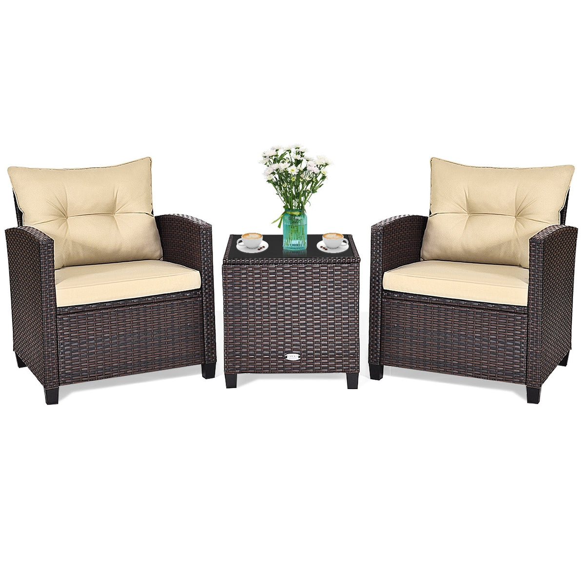 3 Pcs Patio Rattan Furniture Set Cushioned Conversation Set Coffee Table-Beige