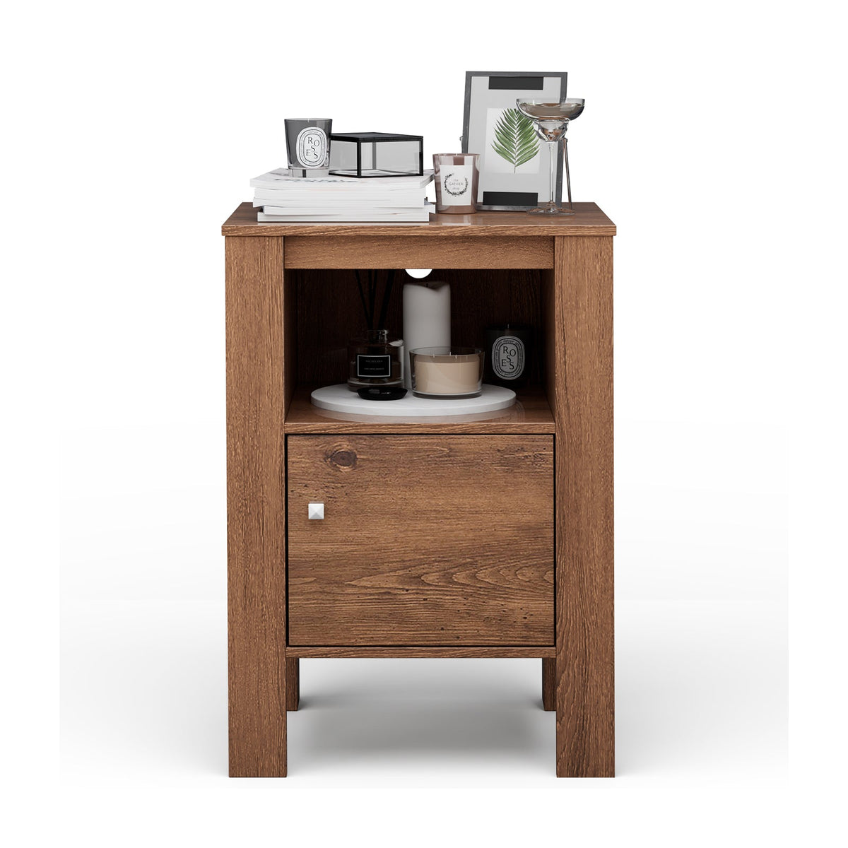 Compact Floor Farmhouse Nightstand with Open Shelf and Cabinet