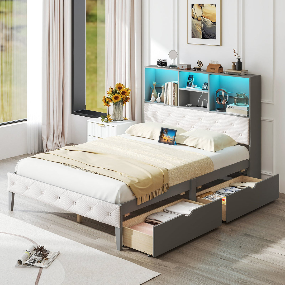Full Size Bed Frame with Bookcase Headboard and LED Lights-Gray