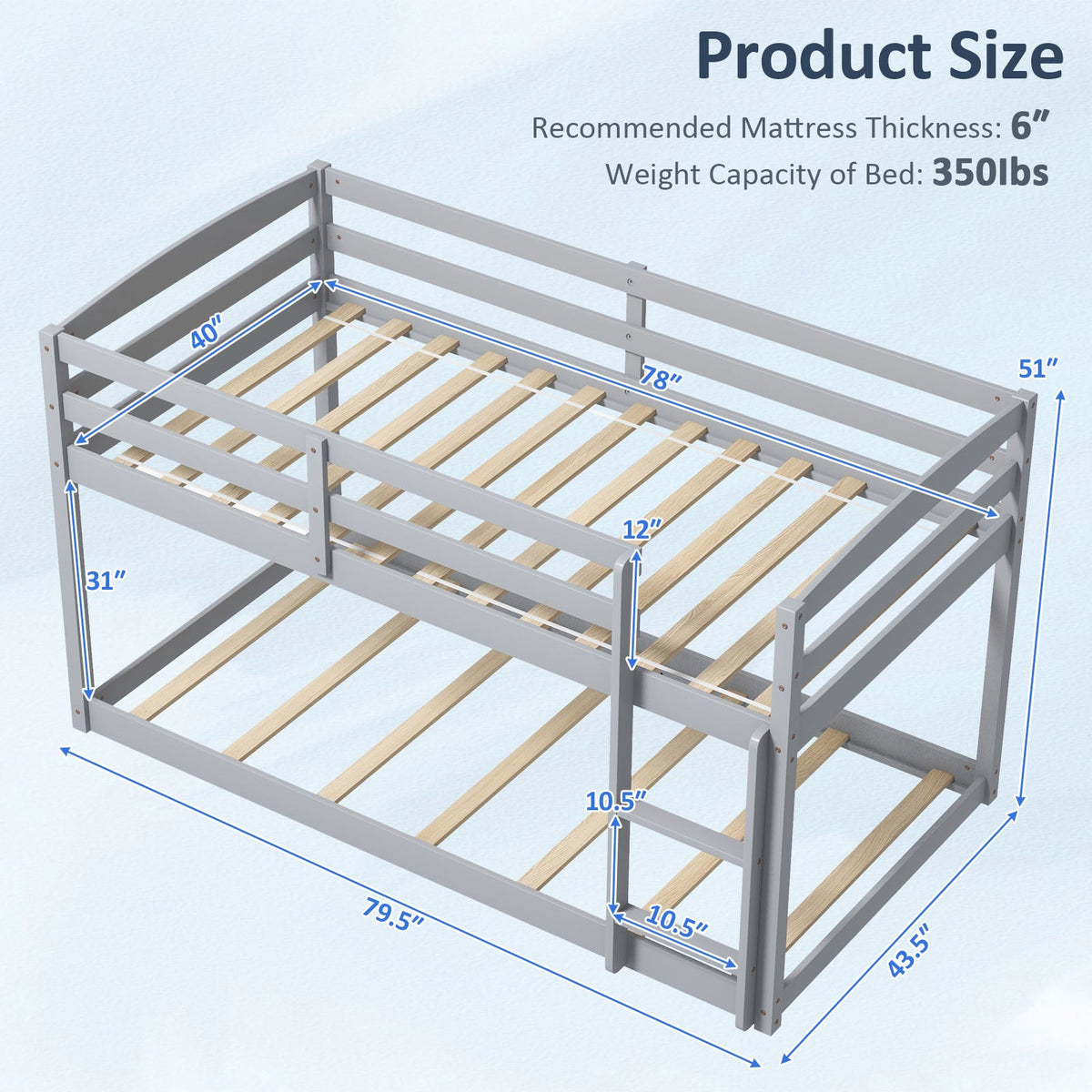 Twin Size Bunk Bed with High Guardrails and Integrated Ladder