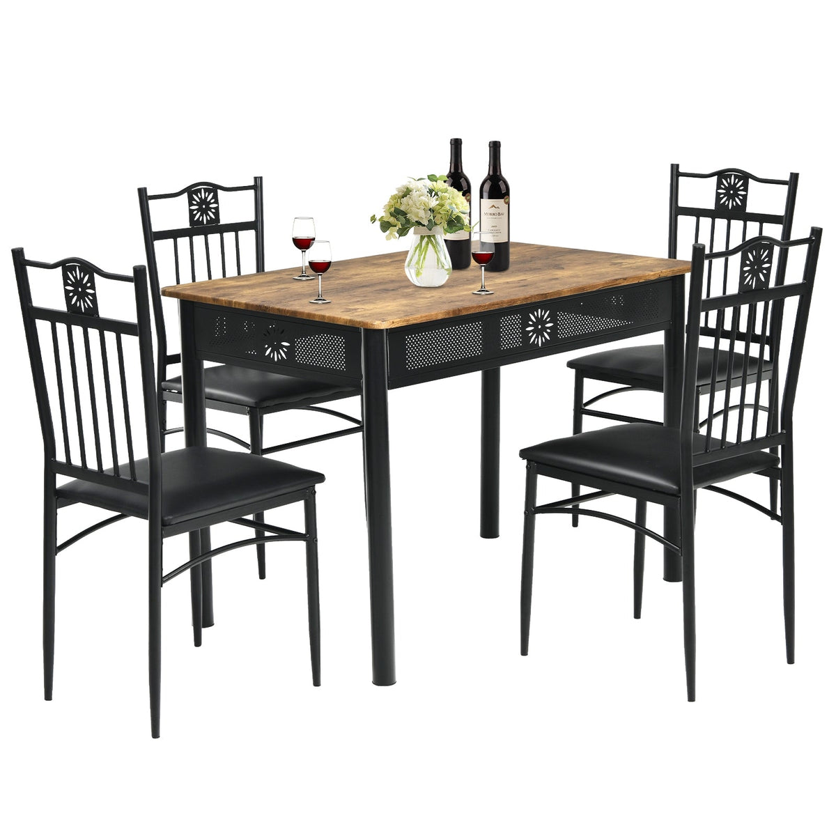 5 Pcs Dining Set Wood Metal Table and 4 Chairs with Cushions