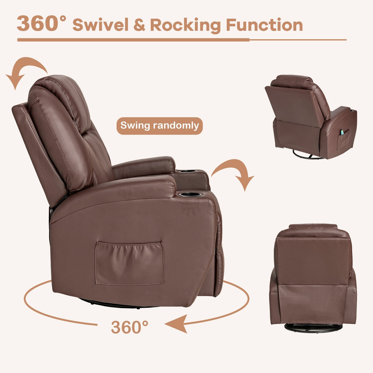 360-Degree Swivel Massage Recliner Chair with Remote Control for Home-Brown