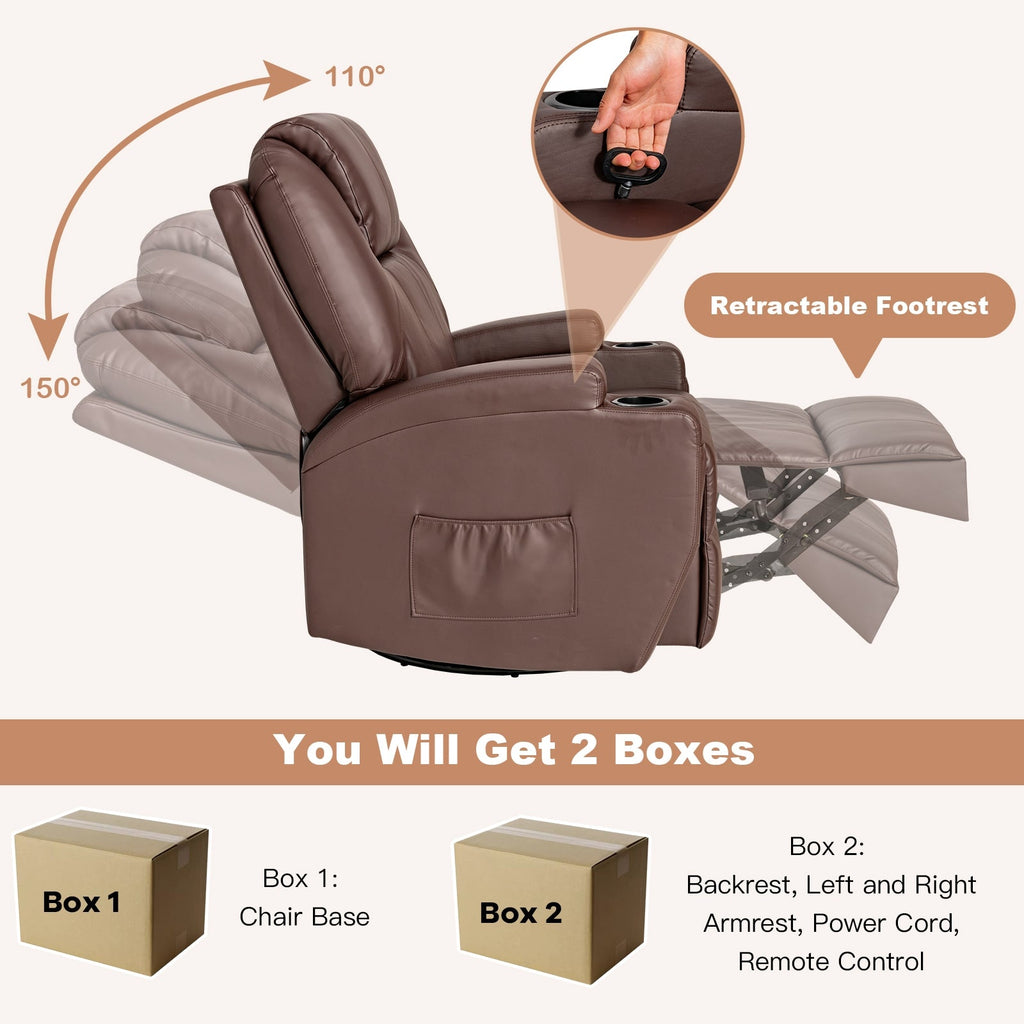 360-Degree Swivel Massage Recliner Chair with Remote Control for Home-Brown