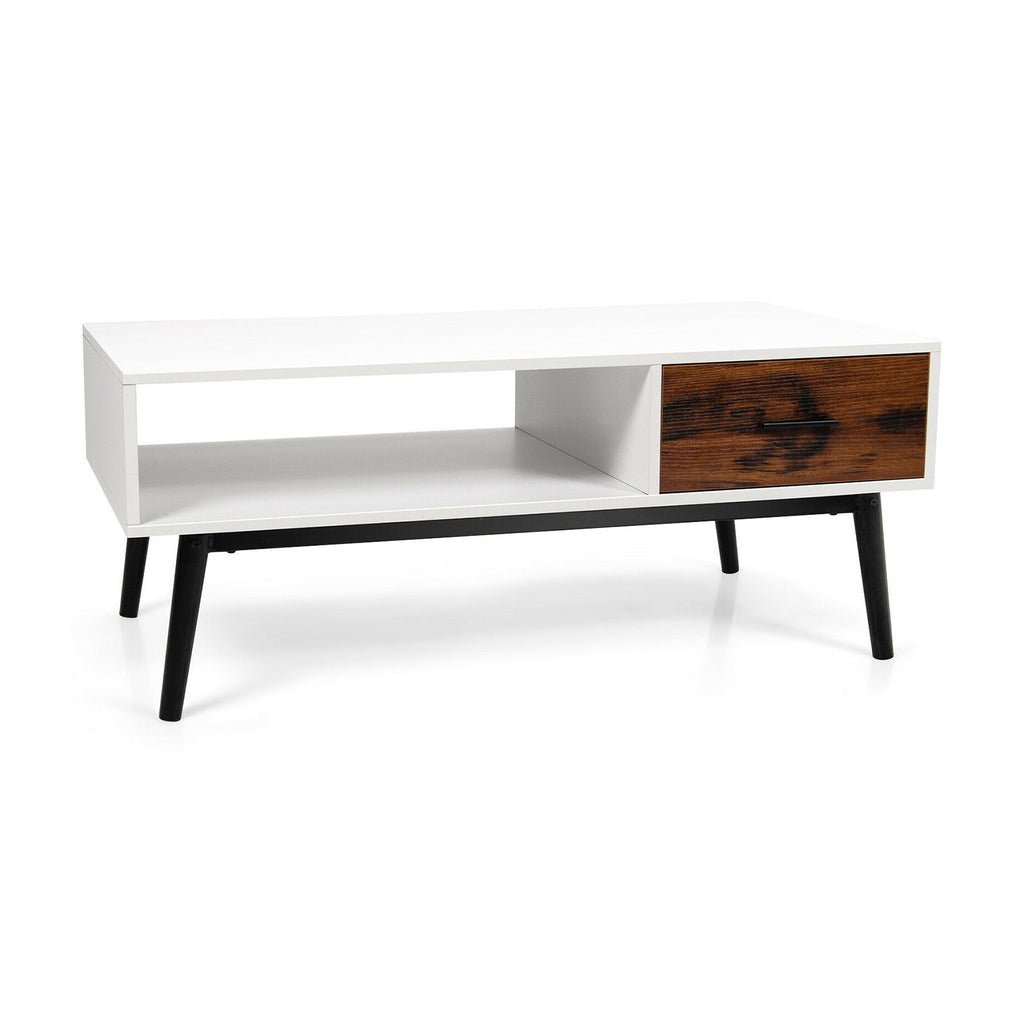 Rectangular Wooden Coffee Table with Drawer and Open Storage Shelf