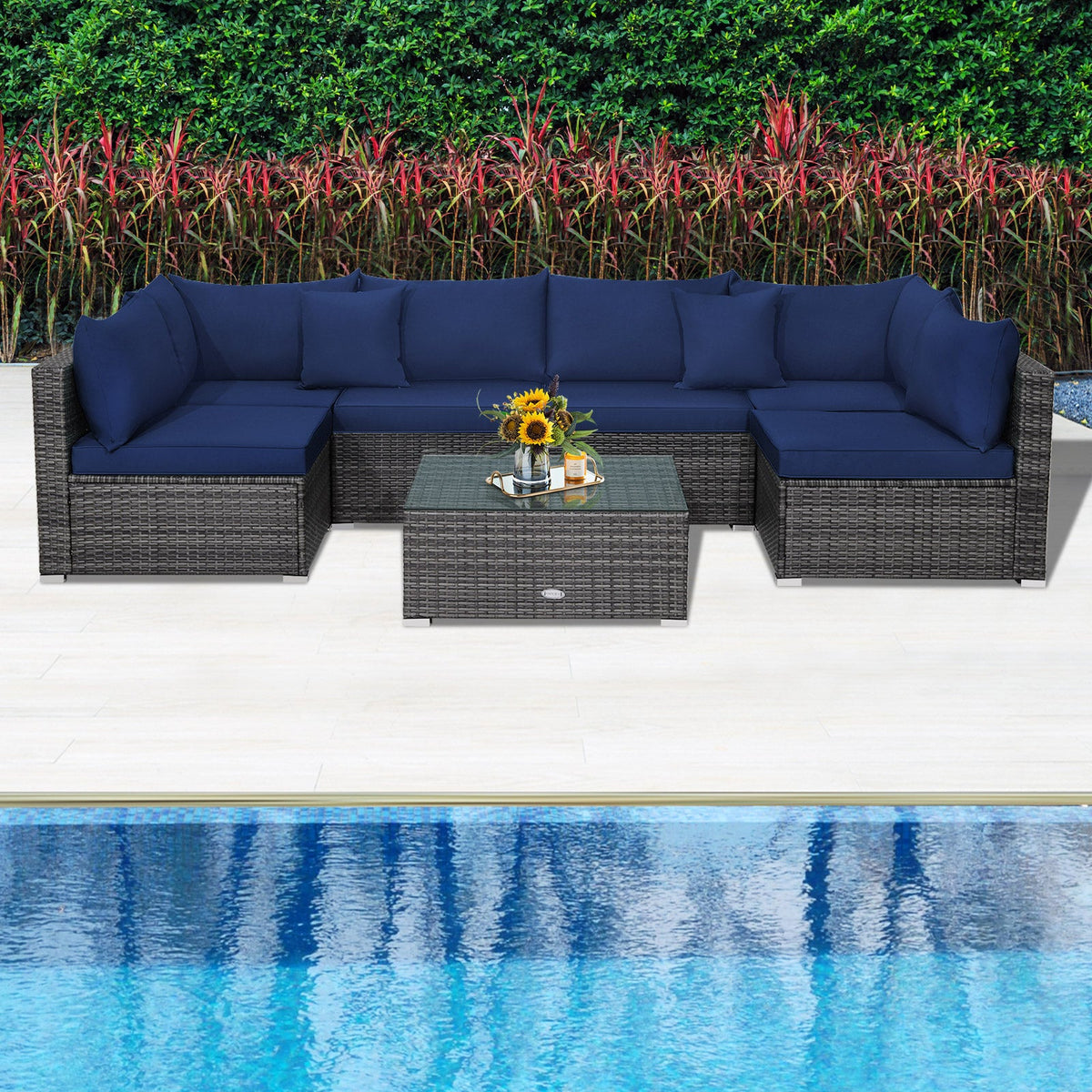7 Pieces Patio Rattan Furniture Set Sectional Sofa Garden Cushion