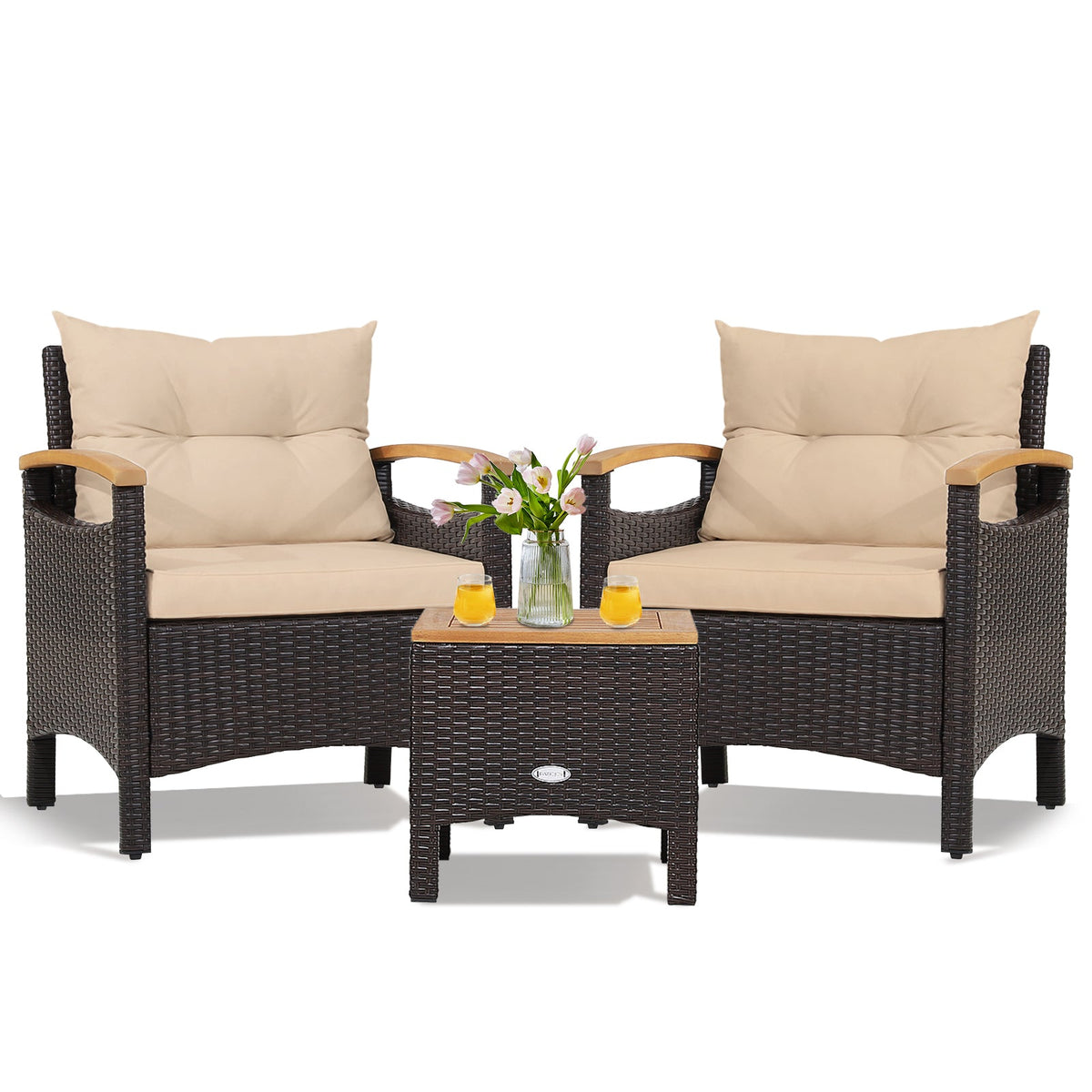 3 Pieces Patio Rattan Furniture Set with Removable Cushion