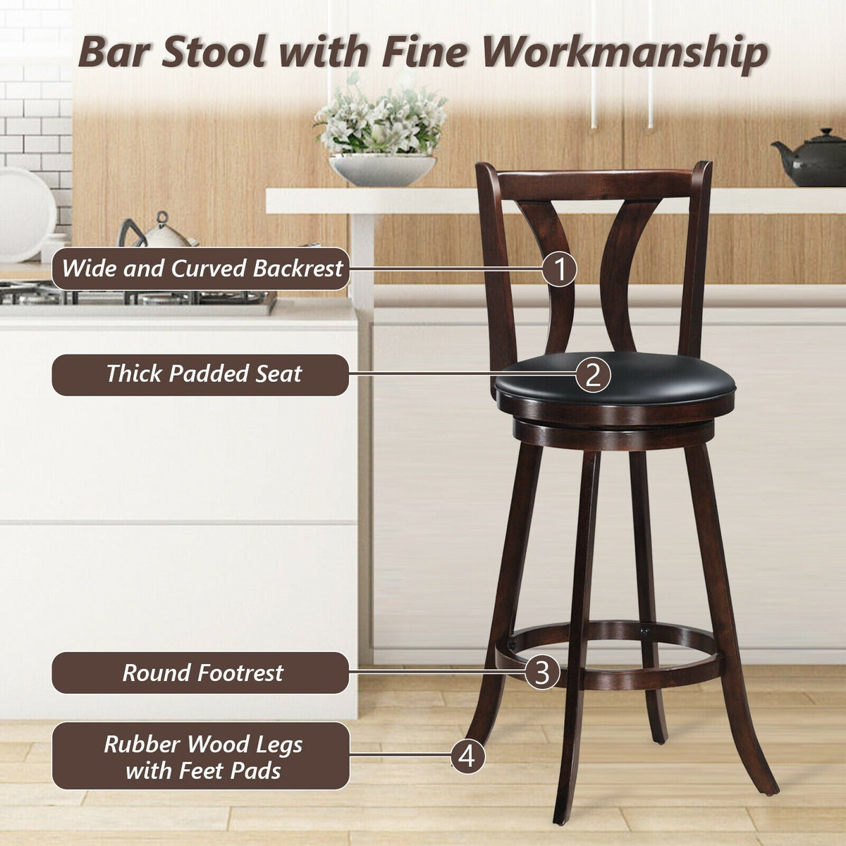 Set of 2 Swivel Bar stool 24 Inch Counter Height Leather Padded Dining Kitchen Chair