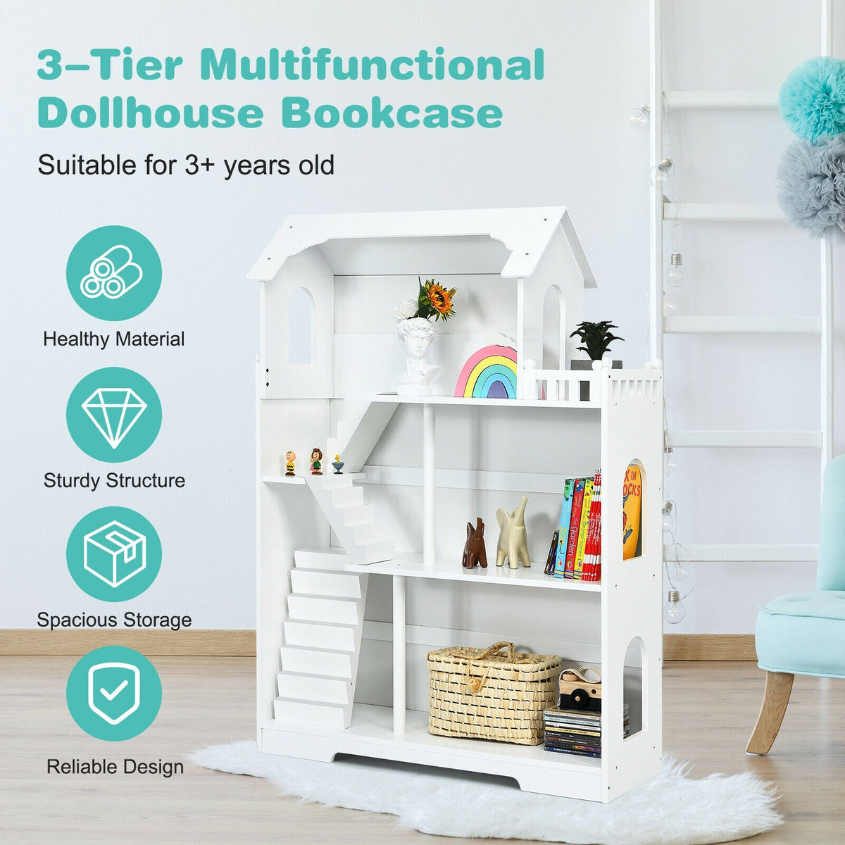 Kids Wooden Dollhouse Bookshelf with Anti-Tip Design and Storage Space