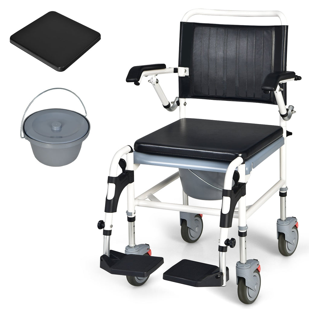 4-in-1 Bedside Commode Wheelchair with Detachable Bucket