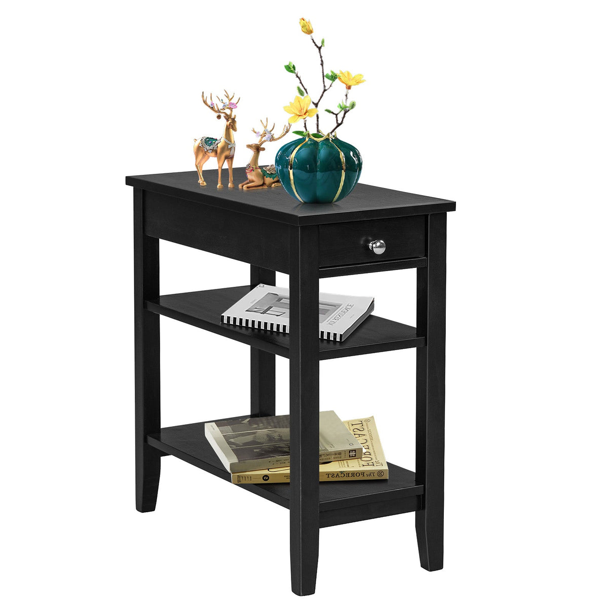 Side End Table with Drawer and 2-Tier Open Storage Shelves for Space Saving