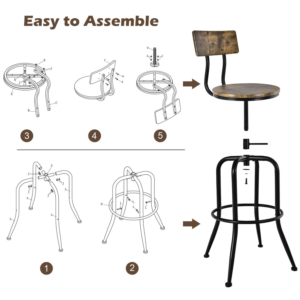 Adjustable Swivel Counter-Height Stool with Arc-Shaped Backrest-Rustic Brown