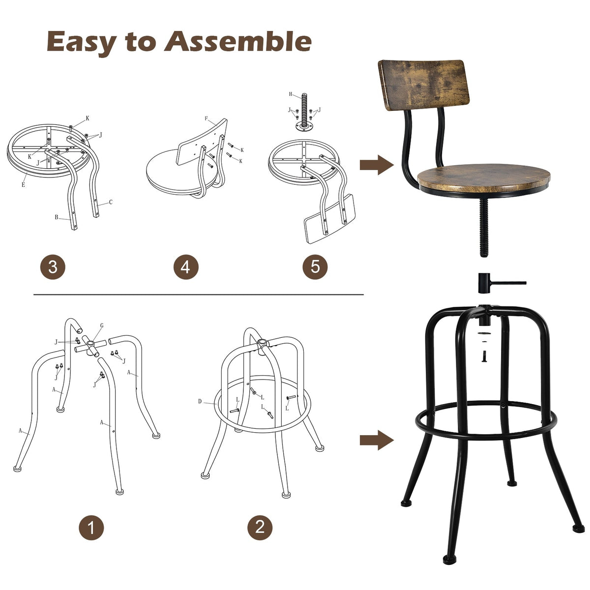 Adjustable Swivel Counter-Height Stool with Arc-Shaped Backrest-Rustic Brown
