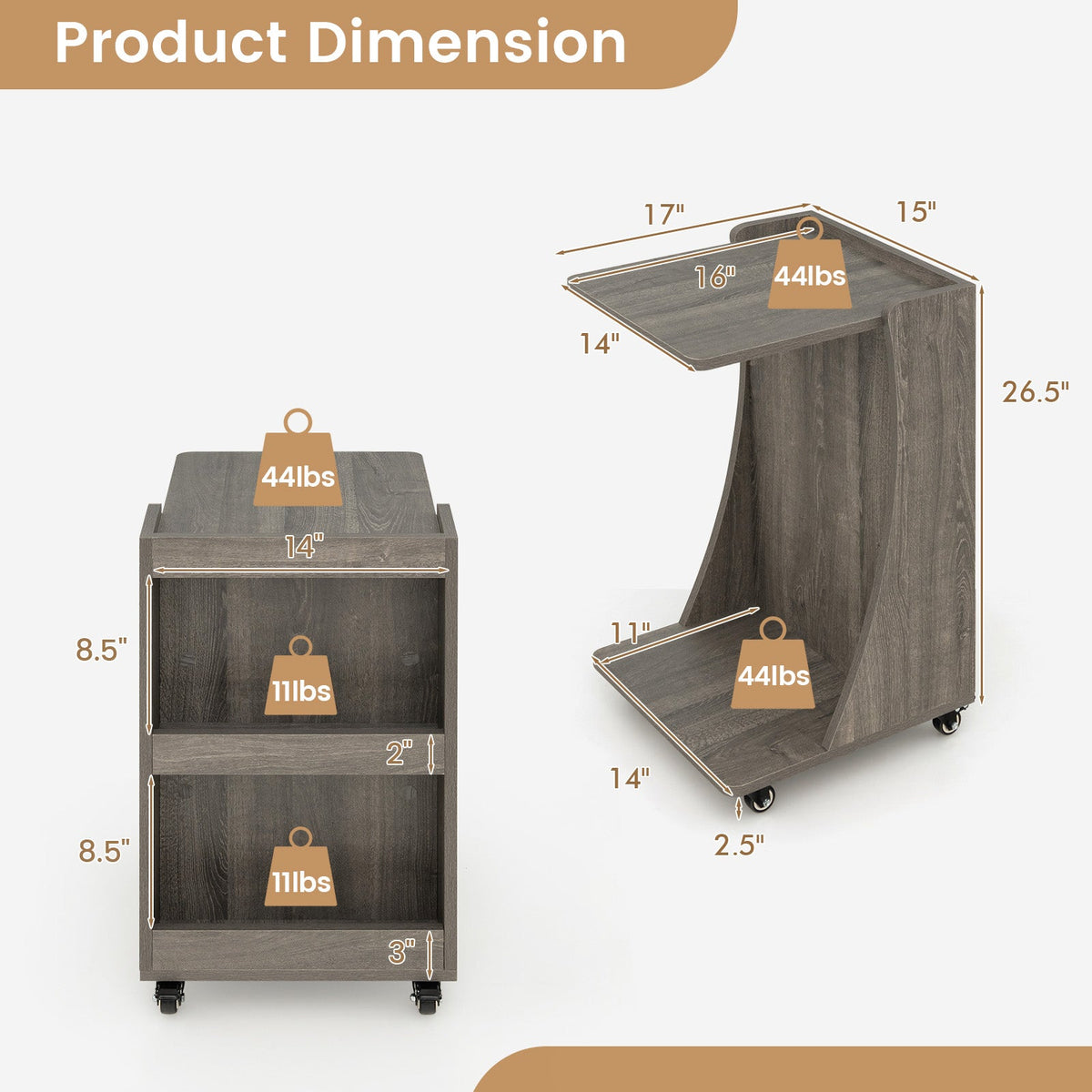 C-shaped Rolling End Side with Back Storage Shelves beside Sofa
