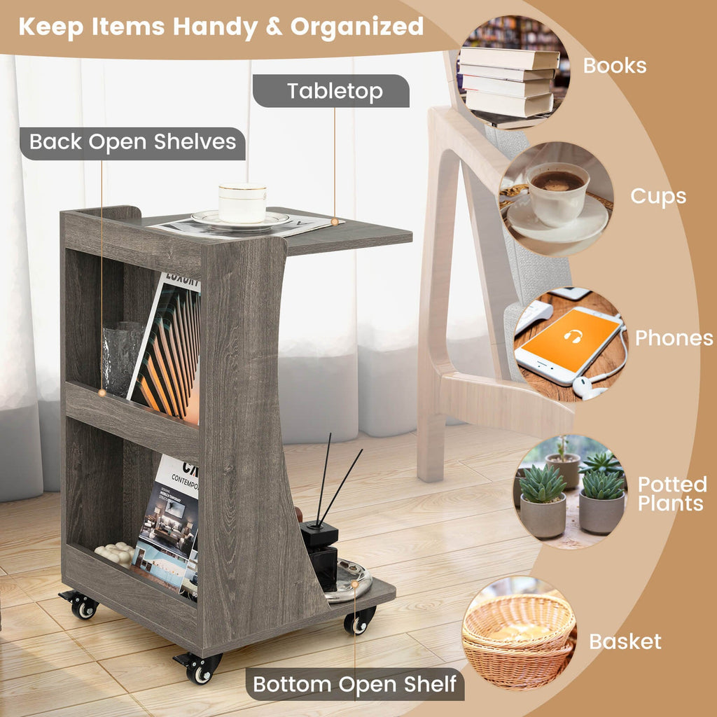 C-shaped Rolling End Side with Back Storage Shelves beside Sofa