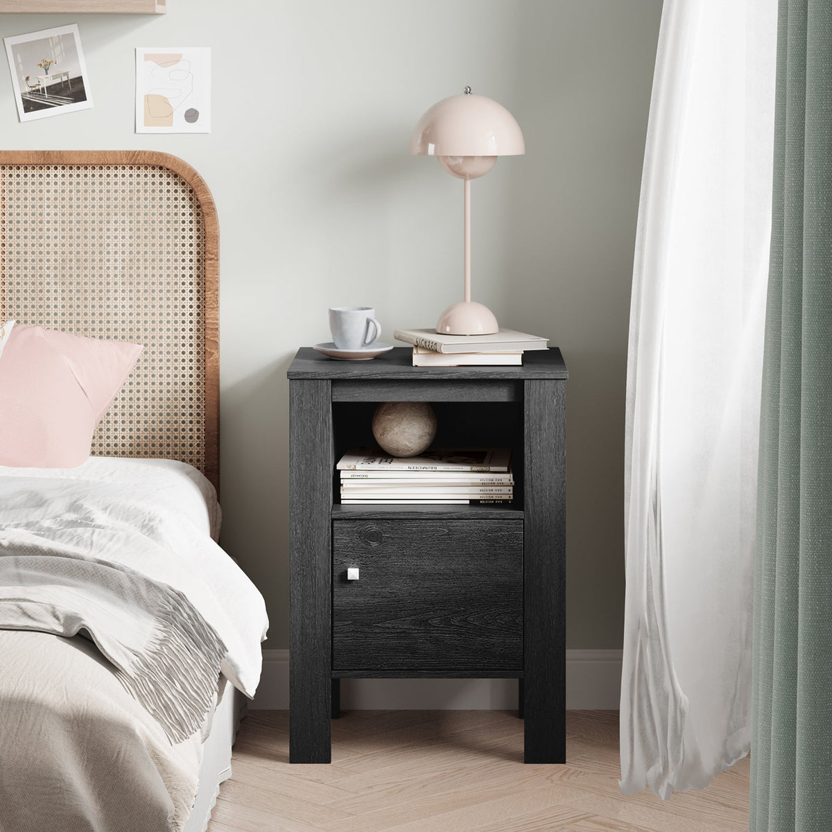 Compact Floor Farmhouse Nightstand with Open Shelf and Cabinet