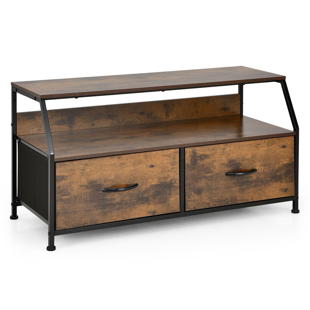 Dresser TV Stand with 2 Folding Fabric Drawers and Open Shelves-Rustic Brown