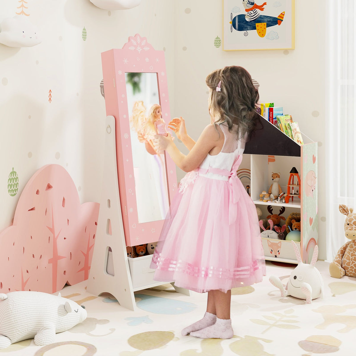 Kids Jewelry Cabinet with Full-Length Mirror and Foldable Drawer-Pink