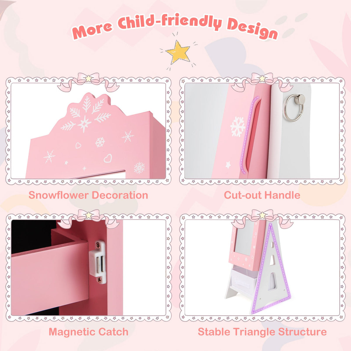 Kids Jewelry Cabinet with Full-Length Mirror and Foldable Drawer-Pink