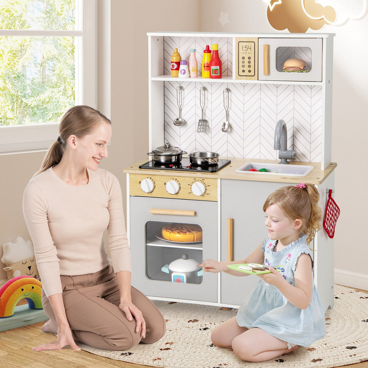 Kids Kitchen Playset with Lights Sounds Microwave Stoves Sink Oven and Cooking Accessories-White