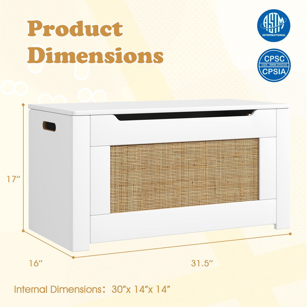 Kids Rattan Toy Storage Box with Flip Top Lid and Safety Hinge Handles-White