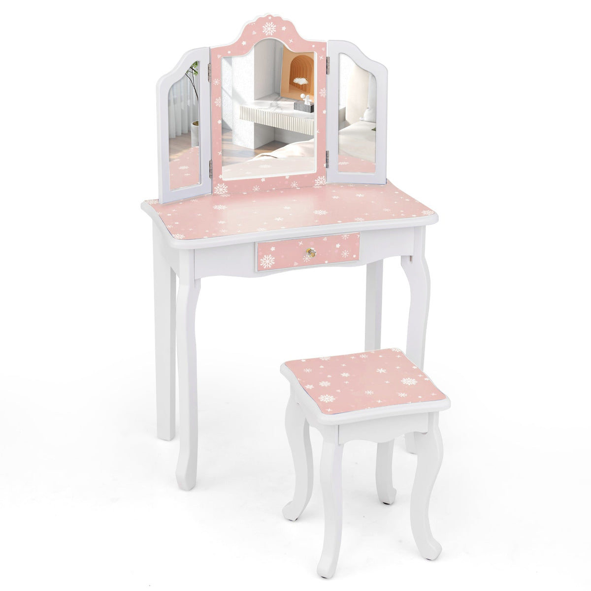 Princess Pretend Play Makeup Table and Stool Set with Tri-folding Mirror