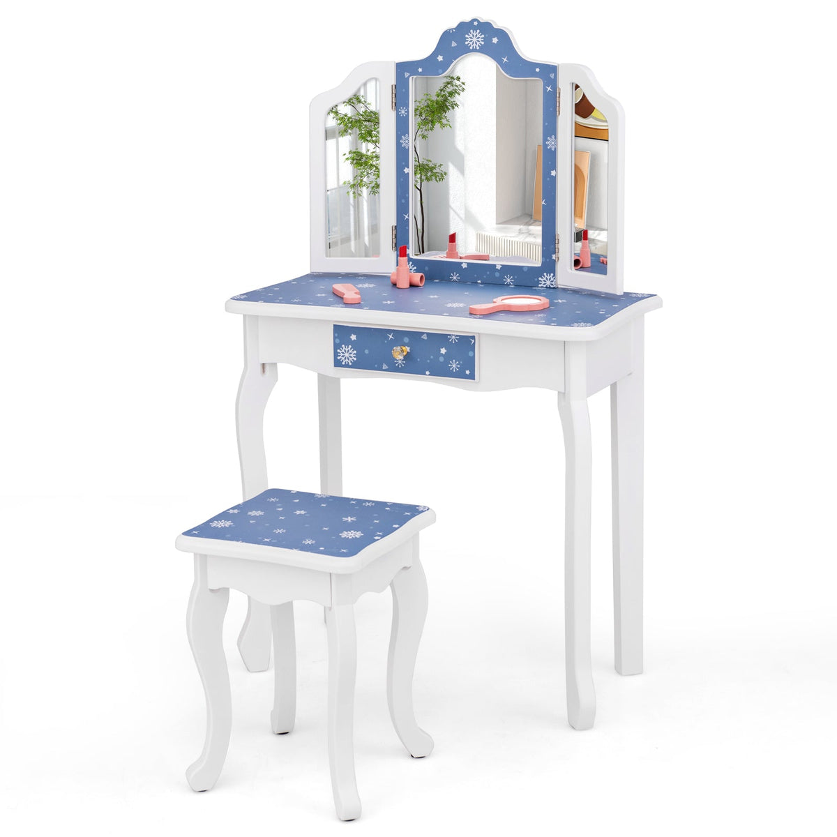Princess Pretend Play Makeup Table and Stool Set with Tri-folding Mirror