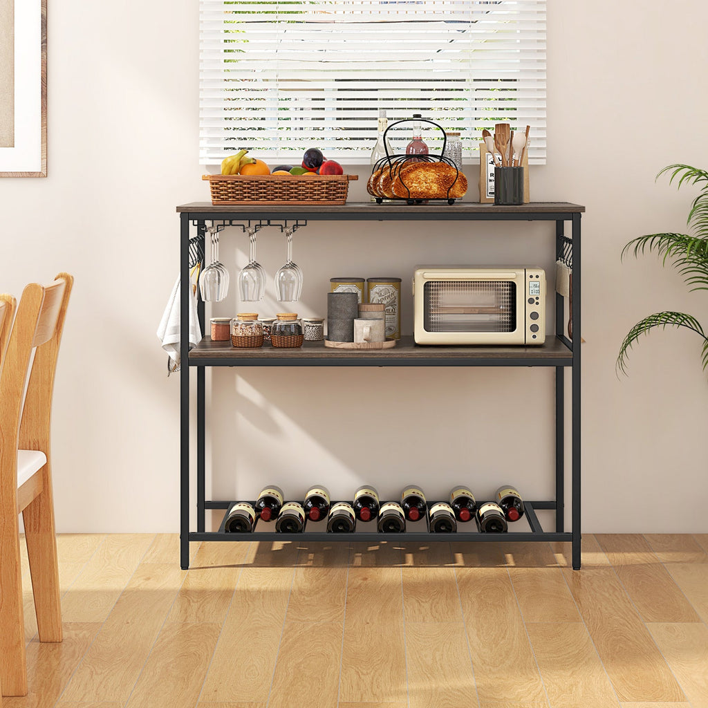Kitchen Island with 3 Shelves Wine Glass Holders and 10 Hooks-Gray