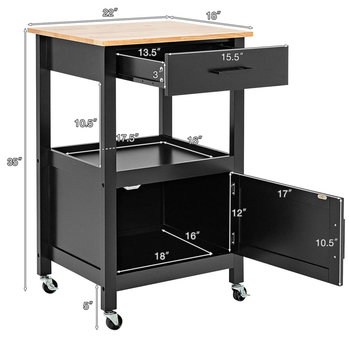 Kitchen Island with Storage Drawer and 3 Hooks