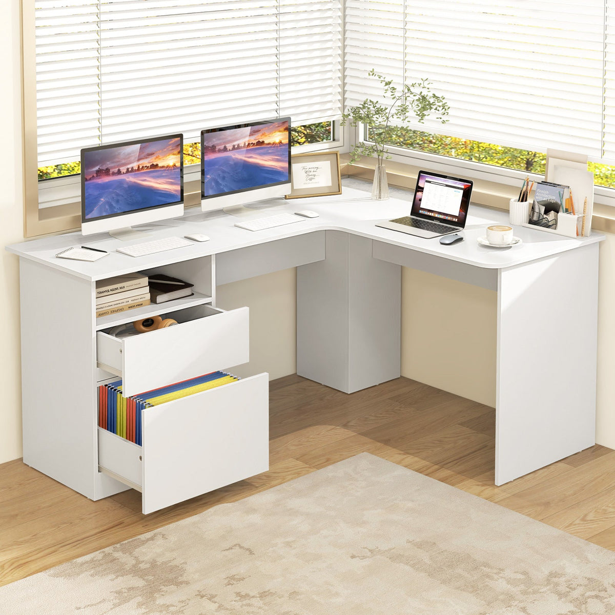 L-Shaped Computer Desk with Letter File Drawer