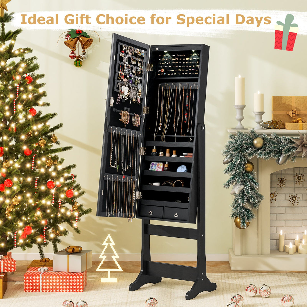 Lockable Freestanding Jewelry Cabinet Armoire with Full-Length Mirror and Lights