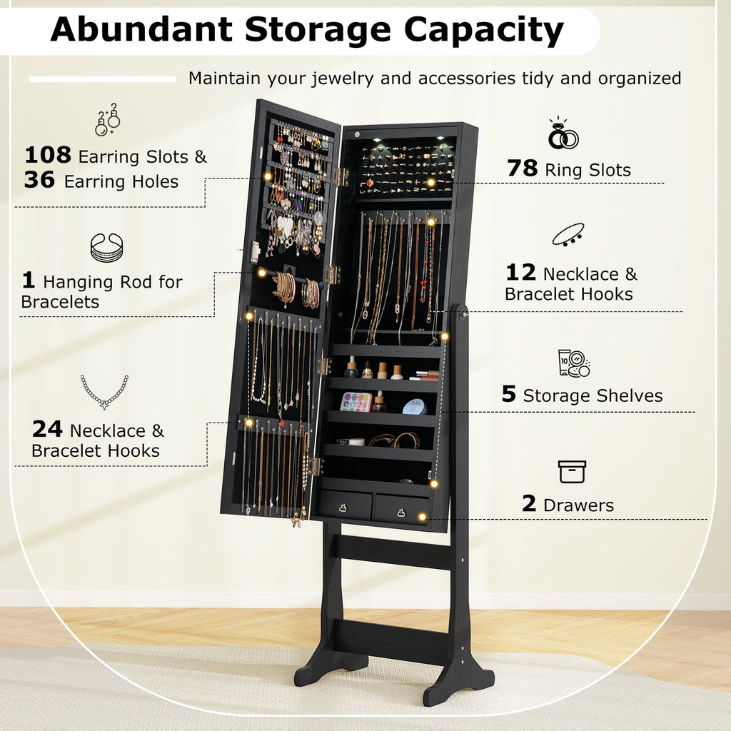 Lockable Freestanding Jewelry Cabinet Armoire with Full-Length Mirror and Lights