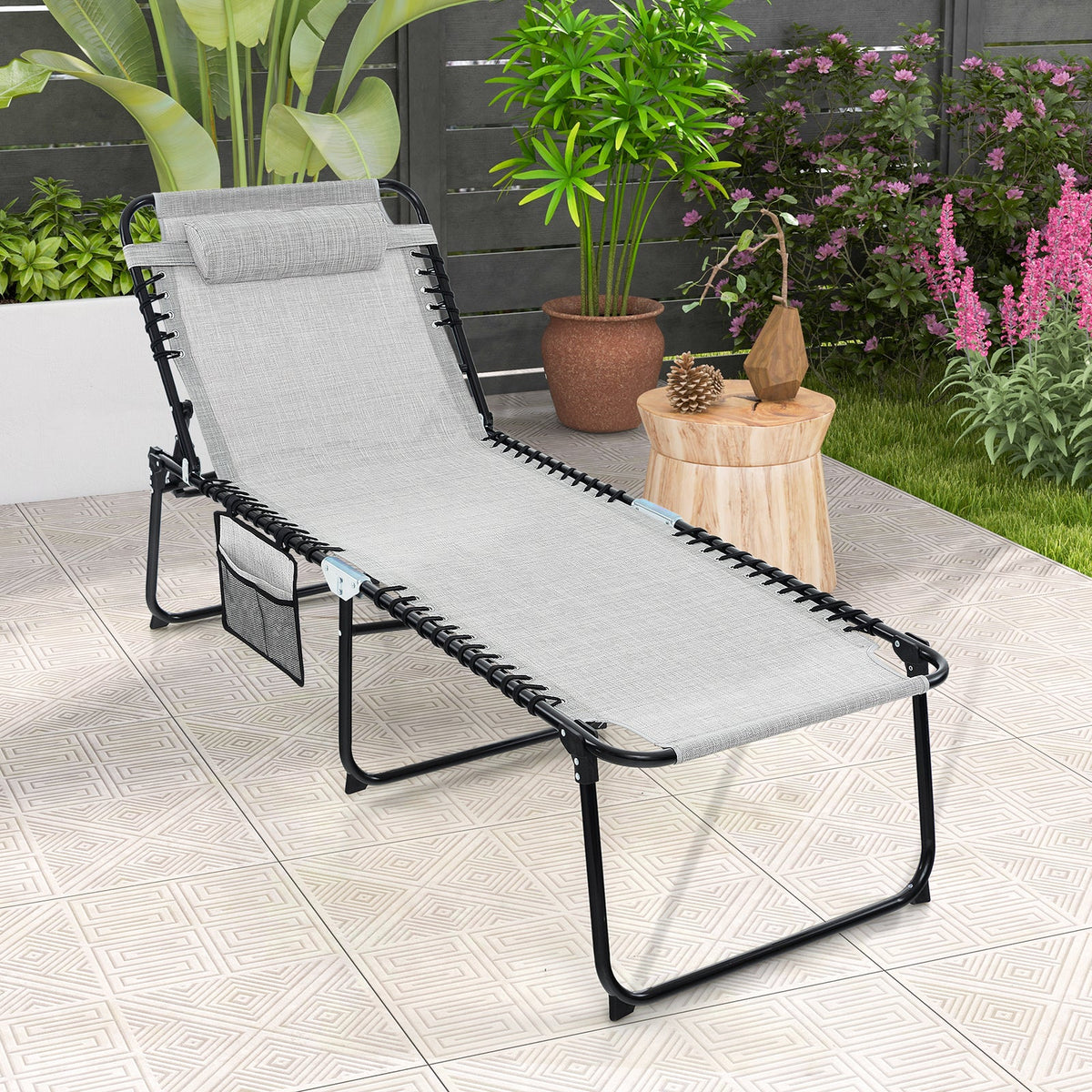 4 Position Folding Lounge Chaise with Adjustable Backrest and Footrest