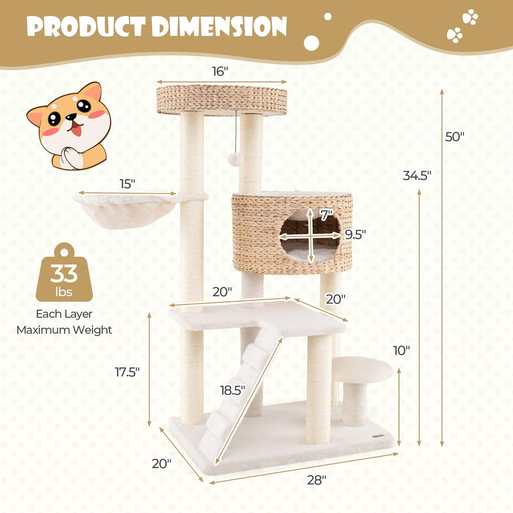 Modern Cat Tree for Indoor Cats with Cattail Fluff Condo and Top Perch-Natural