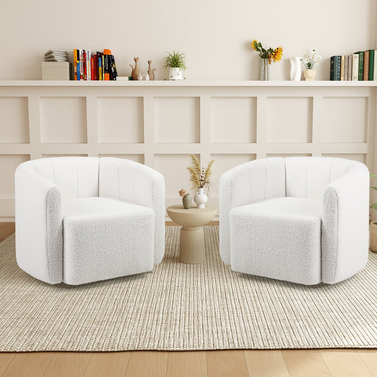 Modern Upholstered Sherpa Accent Chair with Curved Backrest and Armrests-White