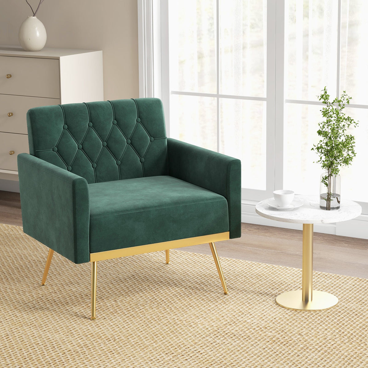 Modern Velvet Accent Chair with Button Tufted Back Golden Metal Legs and Adjustable Foot Pads