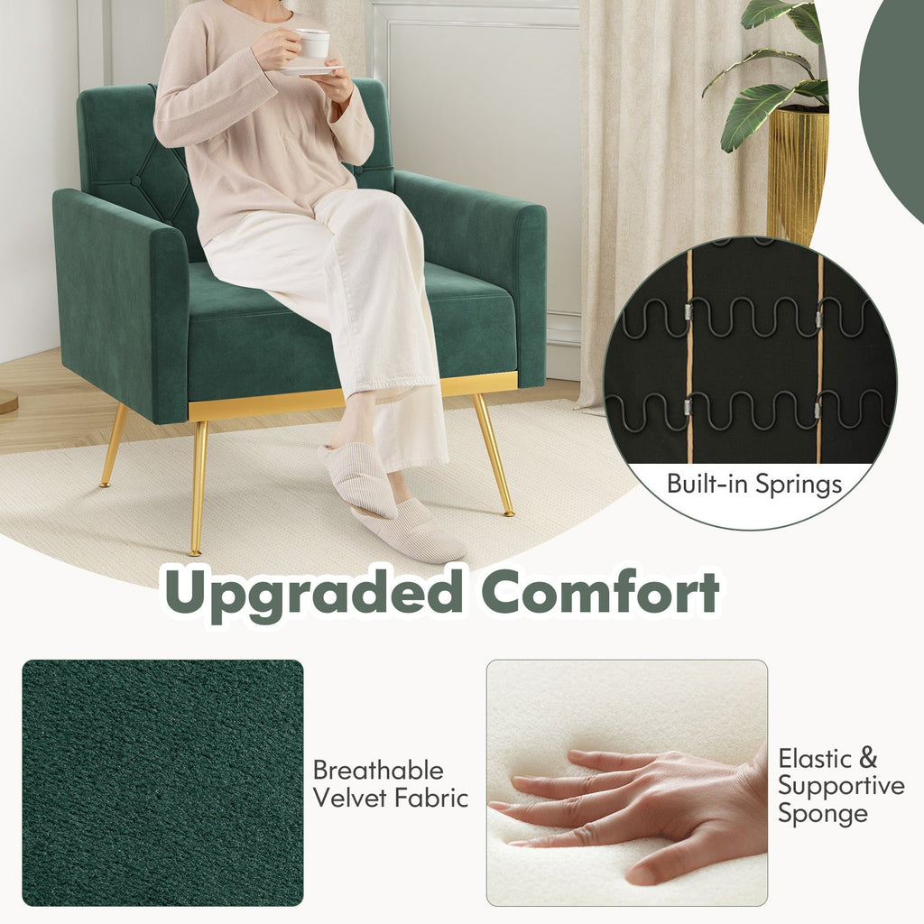 Modern Velvet Accent Chair with Button Tufted Back Golden Metal Legs and Adjustable Foot Pads