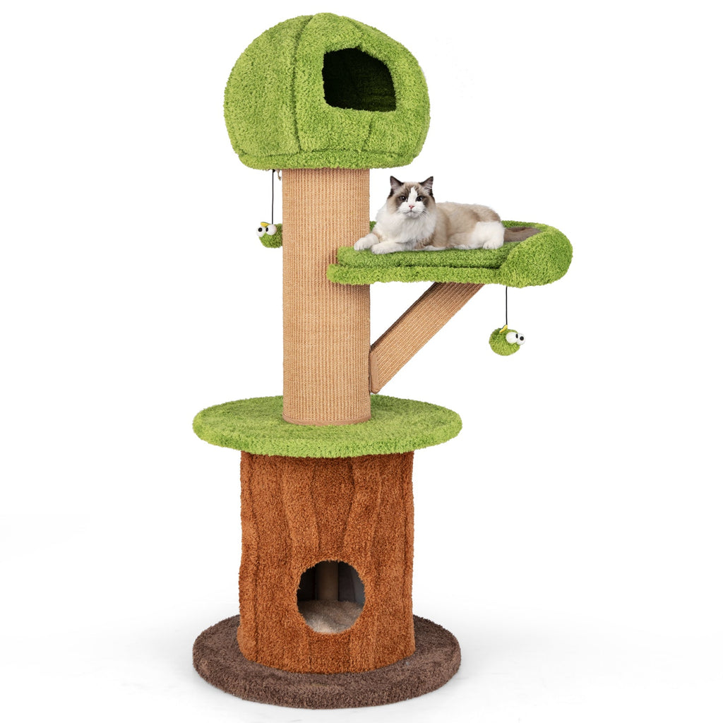 Mushroom Cat Tree for Indoor Cats with 2 Cute Condos Plush Perch and Teasing Balls-Green