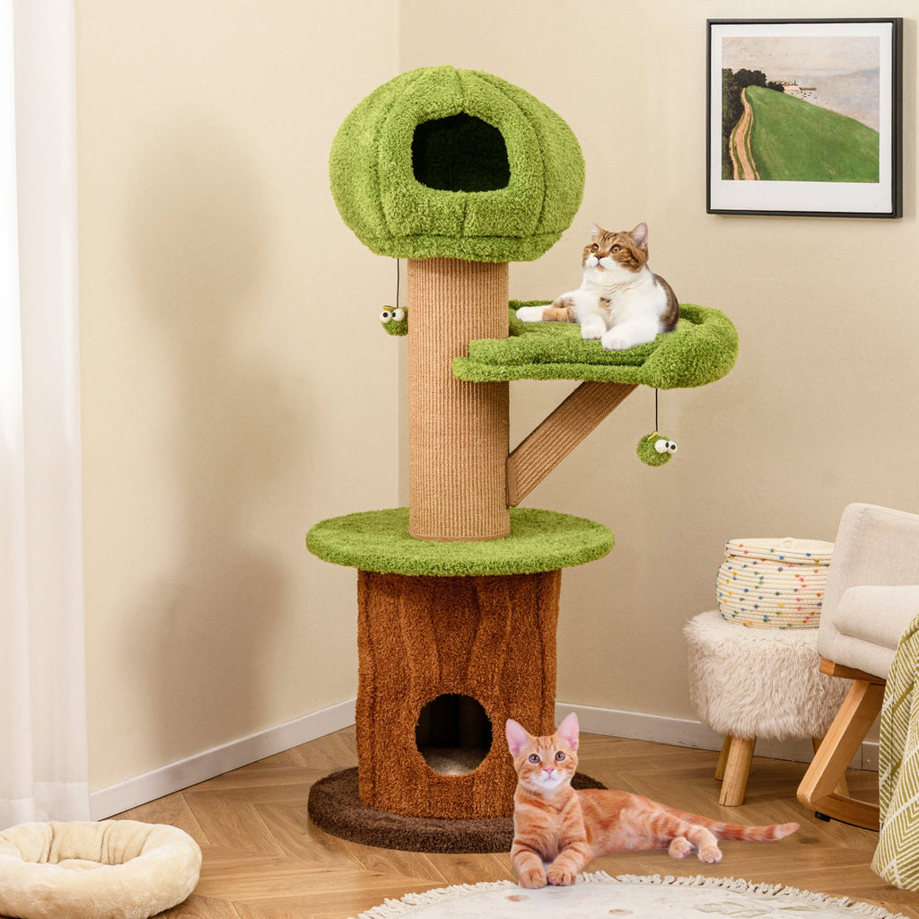 Mushroom Cat Tree for Indoor Cats with 2 Cute Condos Plush Perch and Teasing Balls-Green