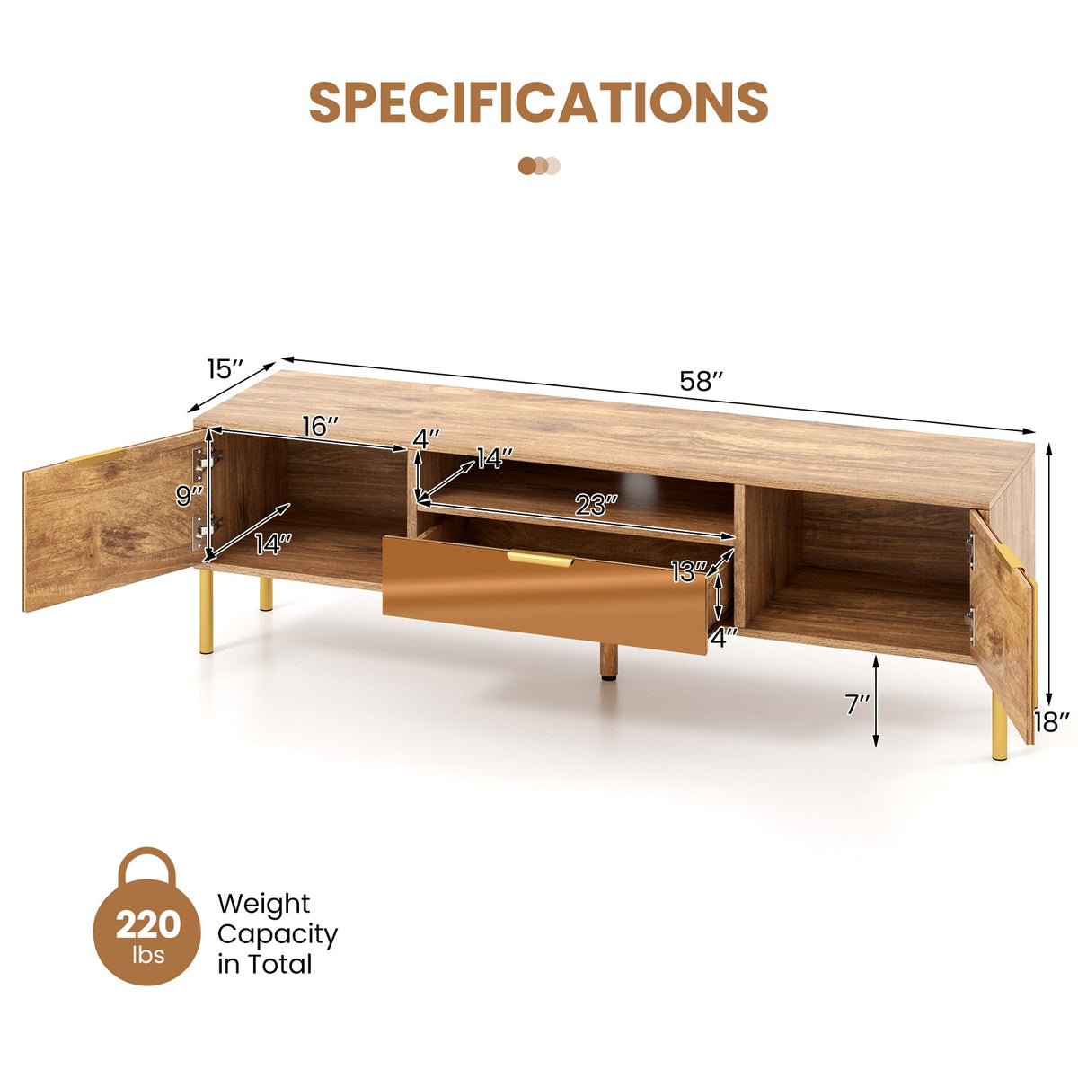Mirrored TV Stand for TV up to 65 Inch with Spacious Tabletop and 2 Storage Cabinets-Natural