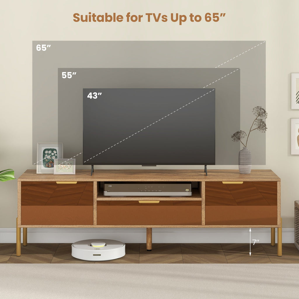 Mirrored TV Stand for TV up to 65 Inch with Spacious Tabletop and 2 Storage Cabinets-Natural