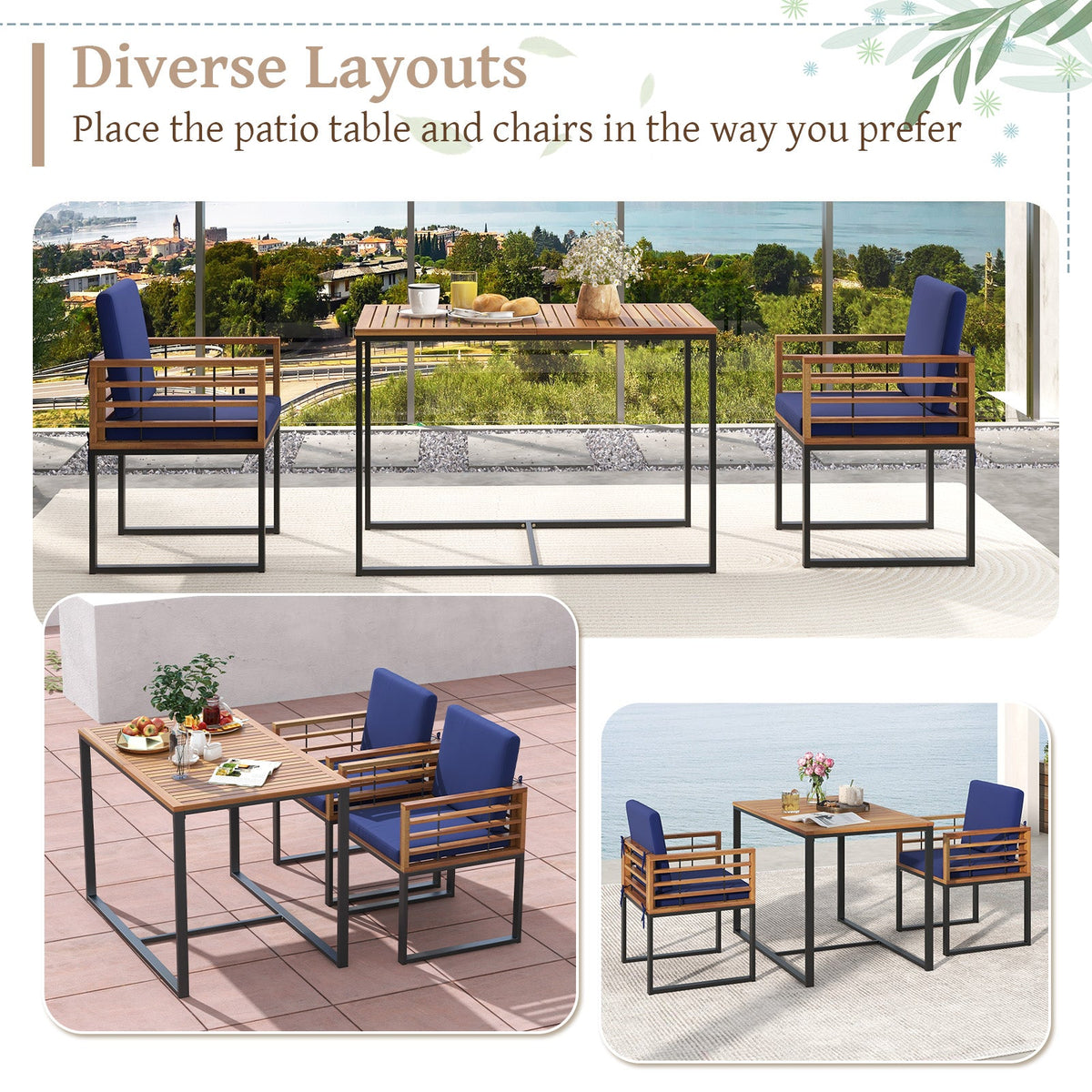 3 Pieces Outdoor Dining Set with 2 Acacia Wood Armchairs and Dining Table-Navy